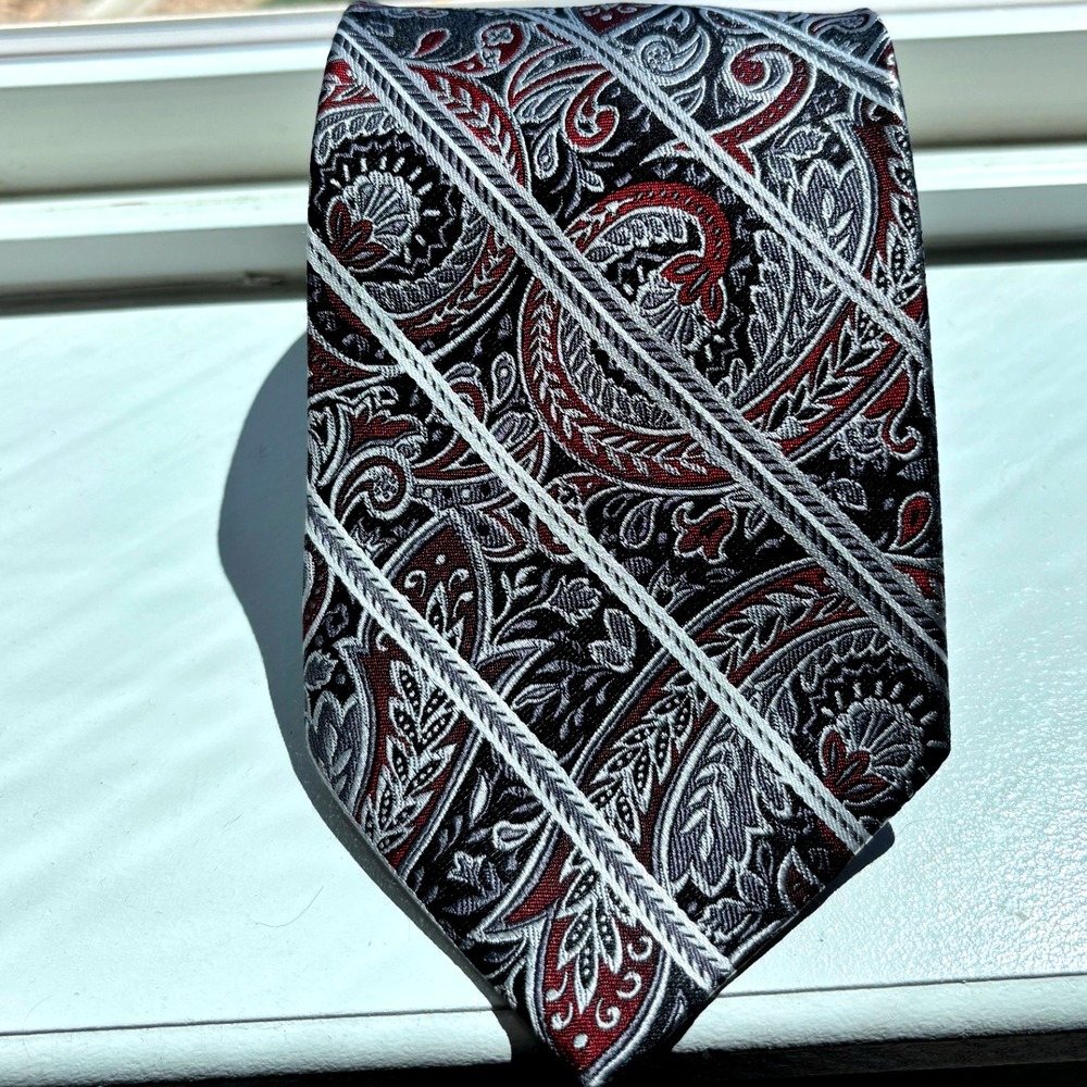 Pronto Uomo 100% Silk Paisley Necktie Men's Formal Tie Burgundy Gray‎ Stripes